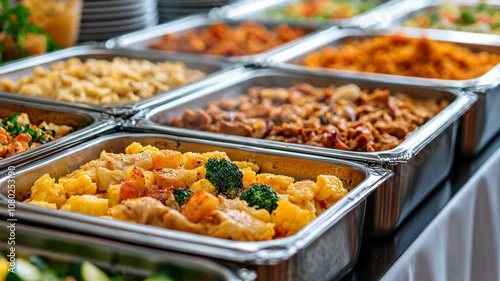 A buffet table with several different dishes, including a casserole with broccoli florets, at a catered event
