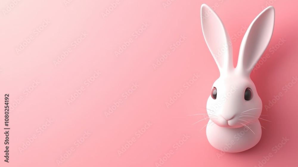 Fototapeta premium Cute white rabbit figurine on a soft pink background, ideal for Easter or spring themes, showcasing a friendly and adorable expression and simple design