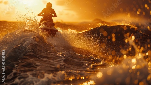 A person riding a jet ski on the surface of the water, capturing a thrilling moment photo