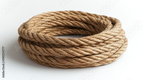 A coiled length of thick natural rope on a white background.