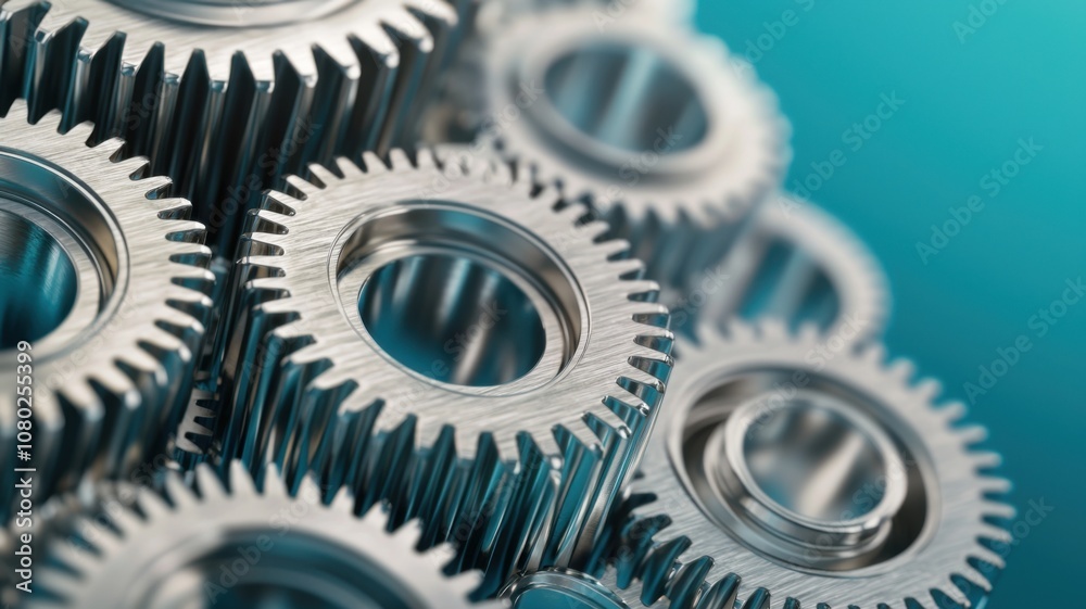 Mechanical gears arrangement industrial setting close-up image metallic texture detailed view engineering concept