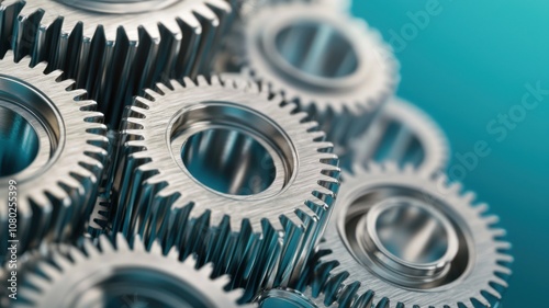 Mechanical gears arrangement industrial setting close-up image metallic texture detailed view engineering concept