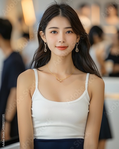 Beautiful young woman in China, wearing a white tank top and navy blue skirt with gold earrings at an event.