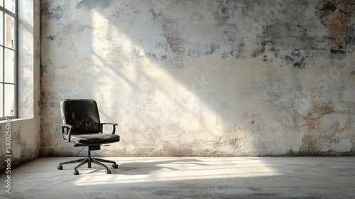Deserted office space with only a single chair and desk symbolizing closure and end of business Bankruptcy concept with side empty space for text Stockphoto style