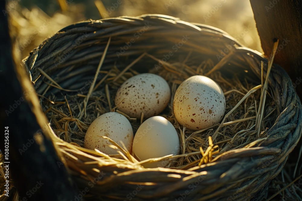 A natural scene of a bird's nest with four eggs and straw on the ground, suitable for use in environmental or nature-related contexts A natural scene of a bird's nest with four eggs and straw on the ground, suitable for use in environmental or nature-related contexts