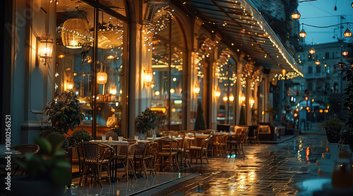 Fototapeta Naklejka Na Ścianę i Meble -  A posh elegant contemporary restaurant at night during a small party. outside.