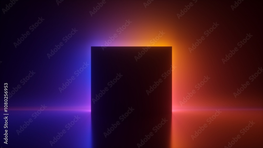 custom made wallpaper toronto digital3d render illustration of dark black rectangle against a radiant vibrant gradient backdrop. Mysterious silhouette against rainbow gradient. Black hole with ambiance light effect.