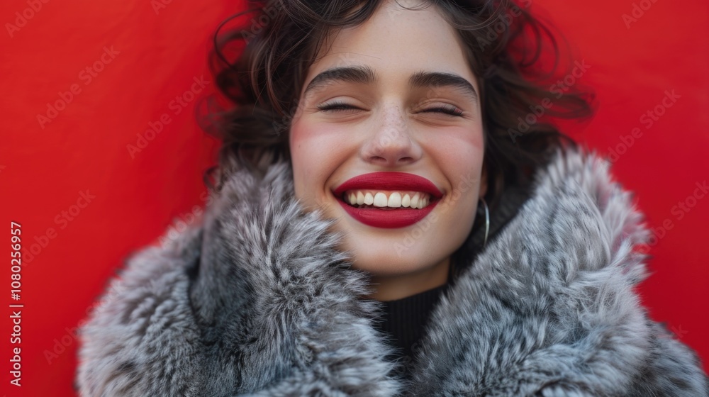 A woman wears a fur coat against a bright red background A woman wears a fur coat against a bright red background