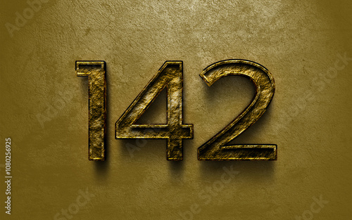 3D dark golden number design of 142 on cracked golden background.