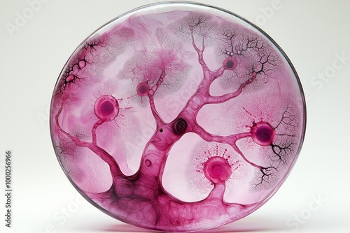 Intricate Tree-Like Structure in Pink Petri Dish, Symbolizing Growth, Creativity, and Organic Design, Generative AI