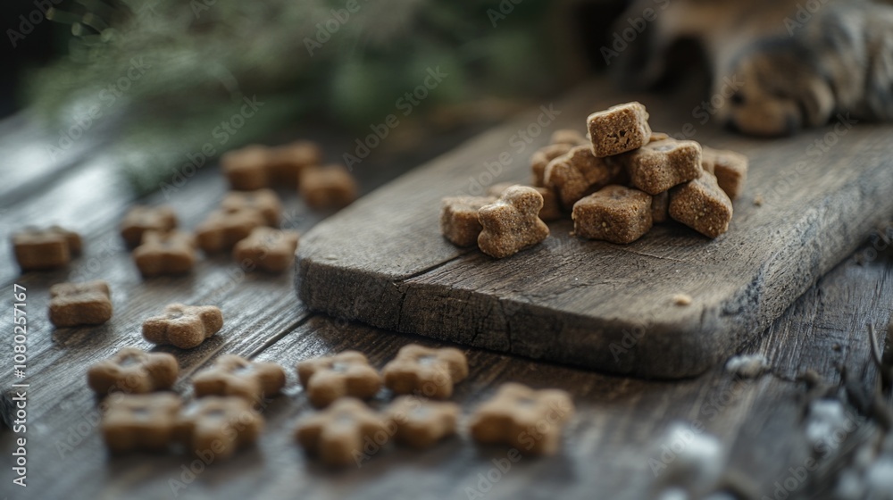 A pile of dog food sits on top of a wooden cutting board, ready for meal preparation A pile of dog food sits on top of a wooden cutting board, ready for meal preparation