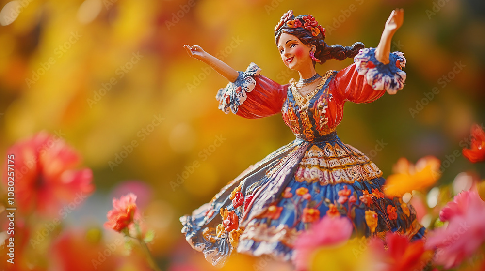 Naklejka premium A joyful Eastern European folk dancer statue, surrounded by colorful flowers, on a bright orange background