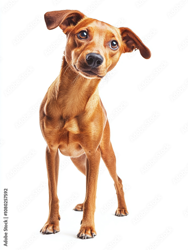 A playful dog standing on all fours, looking to the side, isolated on a pure white background, no shadows A playful dog standing on all fours, looking to the side, isolated on a pure white background, no shadows