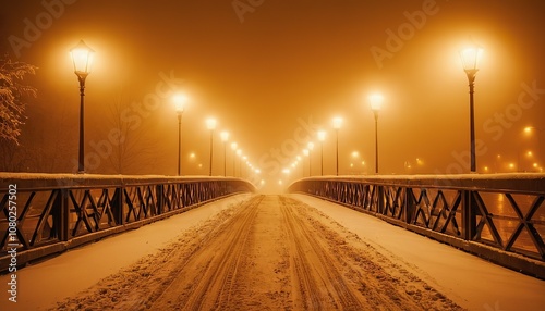 Lighting lanterns can be seen in the distance as a pedestrian crosses the street at night in the fog 320