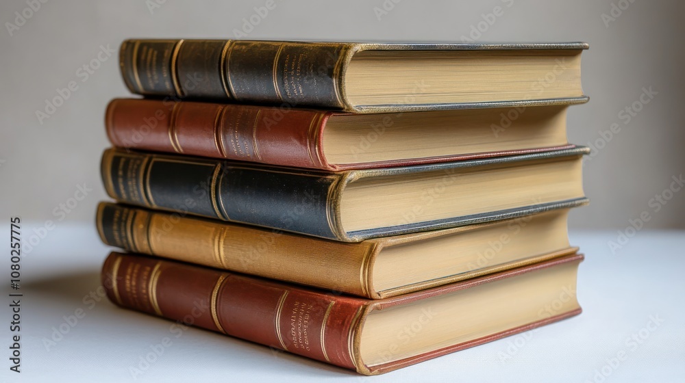A stack of classic books resting on a surface. A stack of classic books resting on a surface.