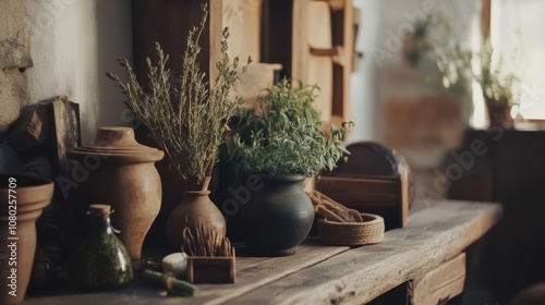 Rustic Display of Fresh Herbs in Natural Setting