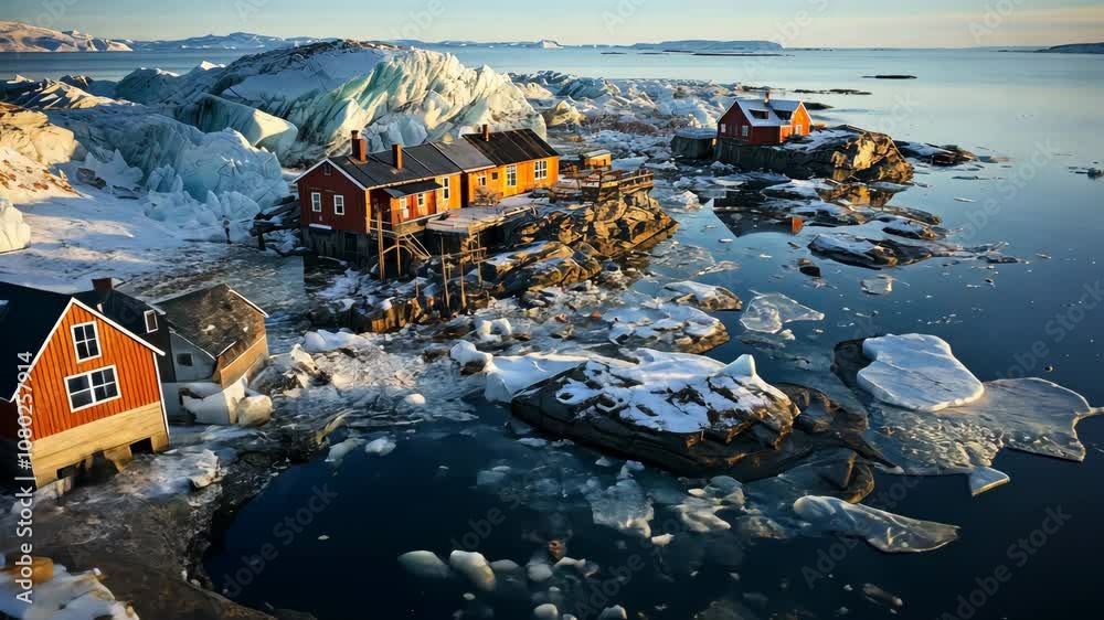 Charming coastal cabins surrounded by ice in a serene Arctic landscape Charming coastal cabins surrounded by ice in a serene Arctic landscape