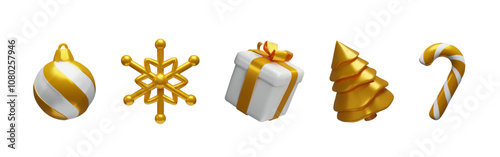 3d render gold Christmas elements. Vector illustration winter set. Ball, snowflake, gift or present, spruce, candy cane. Realistic metallic three dimensional decoration for new year holiday season.