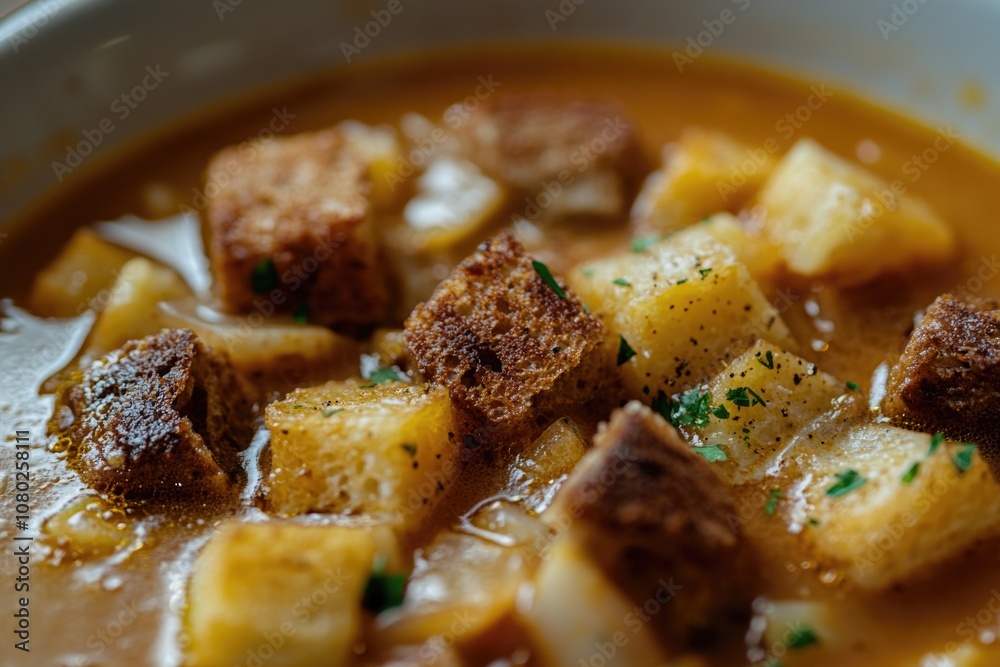 A warm bowl of soup filled with croutons and potatoes, perfect for a cozy meal A warm bowl of soup filled with croutons and potatoes, perfect for a cozy meal