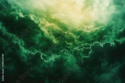 A plane soaring through a cloudy green sky with a few white puffy clouds