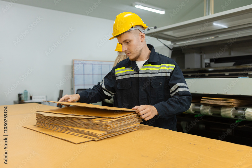 Man paper warehouse worker check quality and quantity cardboard corrugated carton in storage stock product. Large industry in paper production line. Man paper warehouse worker check quality and quantity cardboard corrugated carton in storage stock product. Large industry in paper production line.