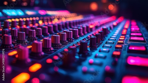 Close-up of a music mixing console with vibrant lights.