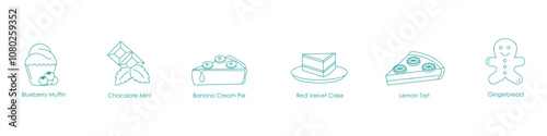 Blueberry Muffin, Chocolate Mint, Banana Cream Pie, Red Velvet Cake, Lemon Tart, Gingerbread Vape Icon Set Design