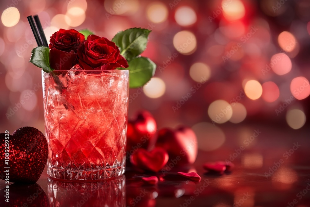Valentine s day cocktail roses julep with red roses and heart decor on a festive background Valentine s day cocktail roses julep with red roses and heart decor on a festive background
