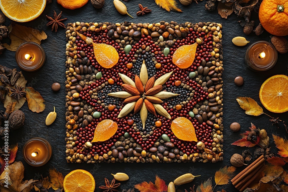 A beautiful star design made of various beans, placed on the table A beautiful star design made of various beans, placed on the table