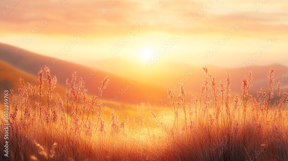 Open meadow with tall grass and wildflowers swaying gently in the breeze under a pastel-colored sunset with side empty space for text Stockphoto style Open meadow with tall grass and wildflowers swaying gently in the breeze under a pastel-colored sunset with side empty space for text Stockphoto style