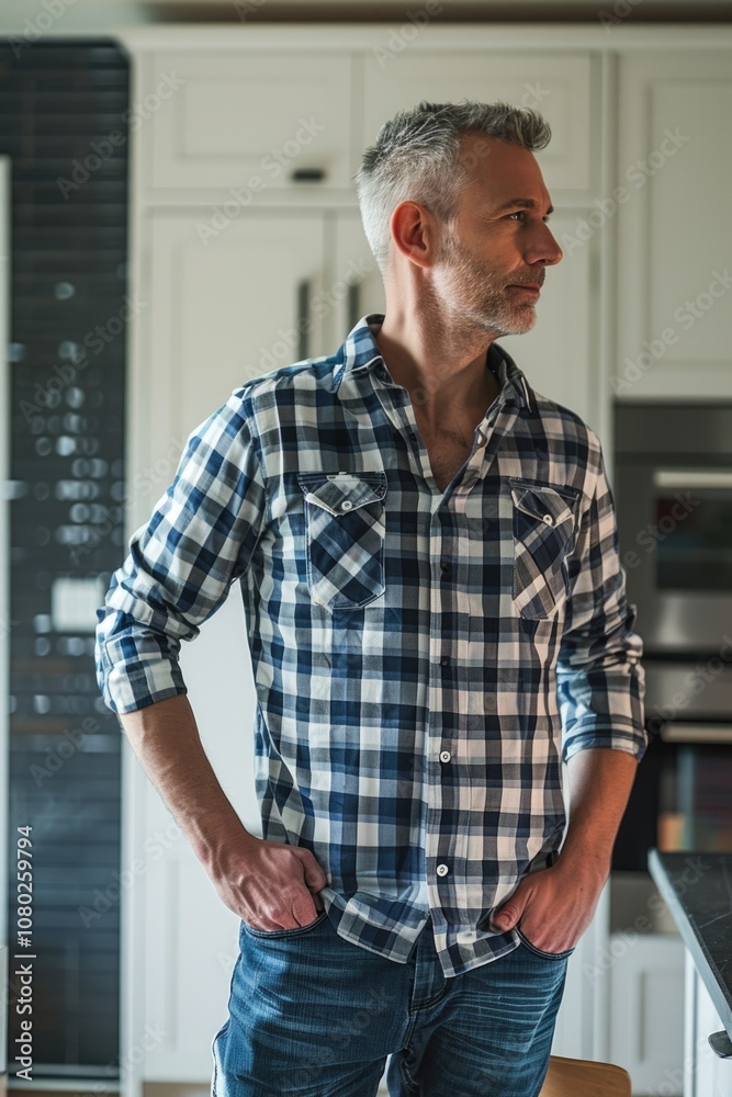 A person standing in a kitchen with their hands in their pockets, ready to start cooking A person standing in a kitchen with their hands in their pockets, ready to start cooking