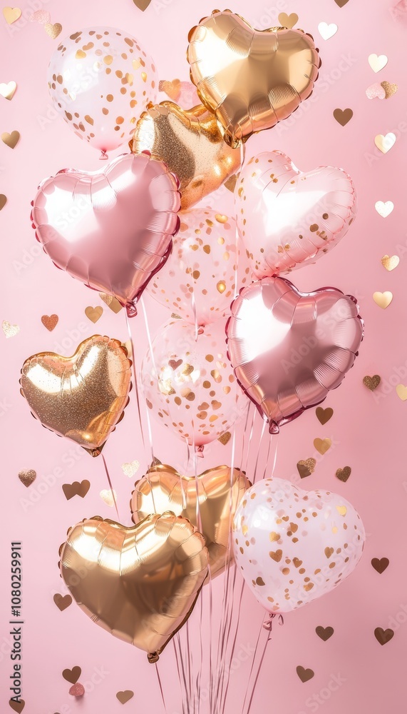 Happy valentine s day banner with pink and gold heart balloons and gifts on pink background Happy valentine s day banner with pink and gold heart balloons and gifts on pink background
