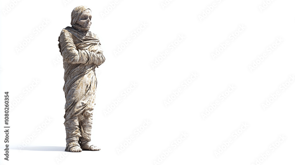 A standing mummy in a classic pose, wrapped in tattered linen, isolated on a pure white background, no shadows. A standing mummy in a classic pose, wrapped in tattered linen, isolated on a pure white background, no shadows.