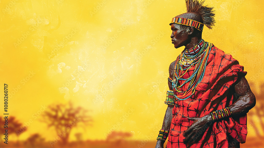 Fototapeta premium A vibrant Maasai warrior statue in traditional attire, set against a sunny yellow savannah backdrop
