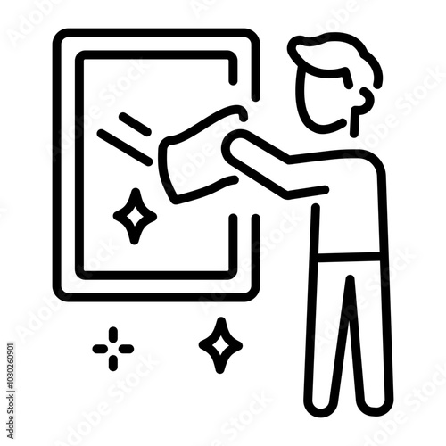 A linear icon of a person wiping mirror with a cloth