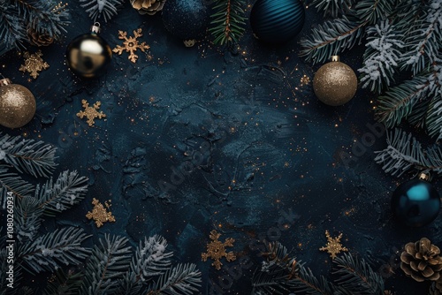 Decorative scene featuring Christmas ornaments and pinecones against a dark blue backdrop, ideal for winter-themed designs and compositions photo