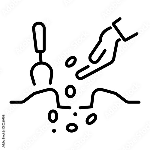 A linear icon of a hand planting seeds in the soil
