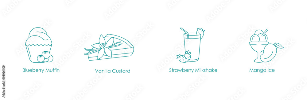 Blueberry Muffin, Vanilla Custard, Strawberry Milkshake, Mango Ice Vape Icon Set Design Blueberry Muffin, Vanilla Custard, Strawberry Milkshake, Mango Ice Vape Icon Set Design