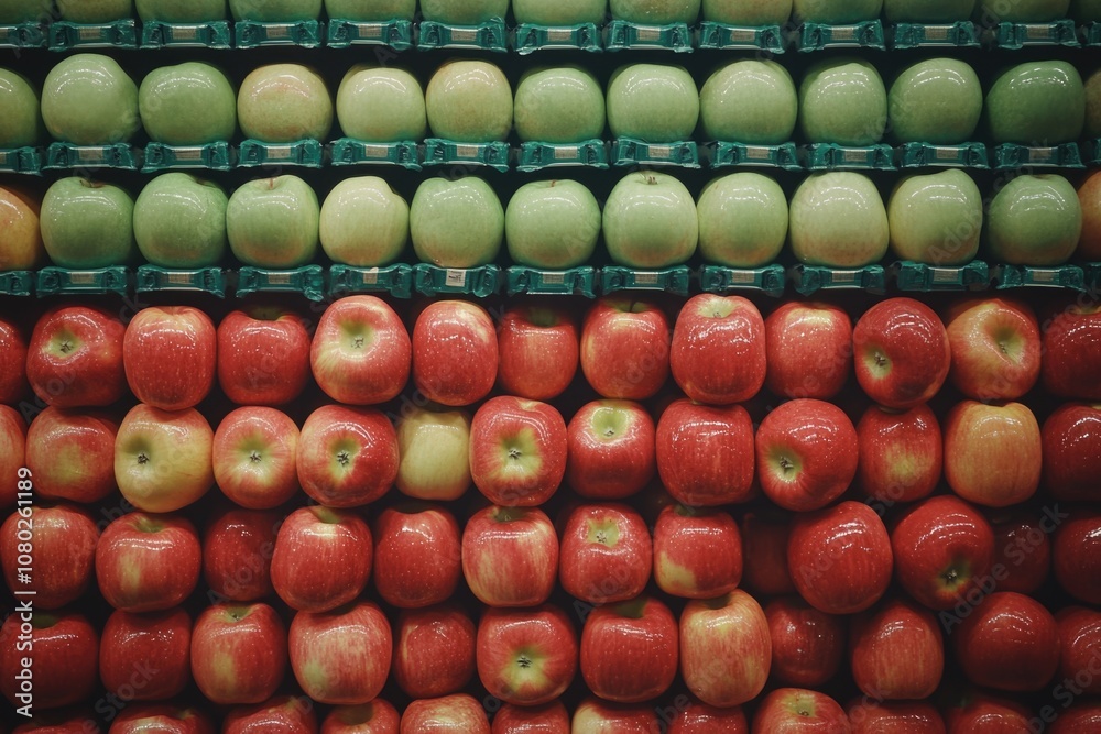 A collection of fresh apples on a table or shelf A collection of fresh apples on a table or shelf