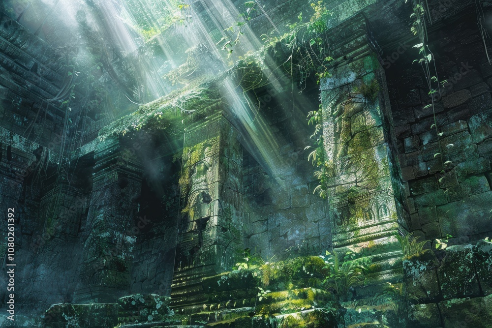 Sunbeams Illuminate a Moss-Covered Stone Temple in Lush Jungle Foliage Sunbeams Illuminate a Moss-Covered Stone Temple in Lush Jungle Foliage