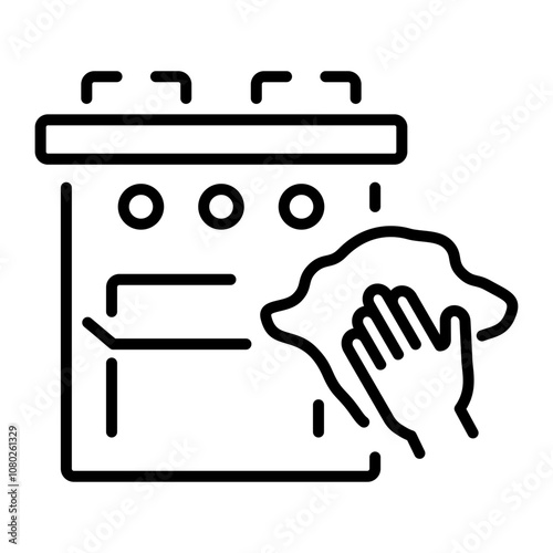 A linear icon of cleaning oven with a wiping cloth 