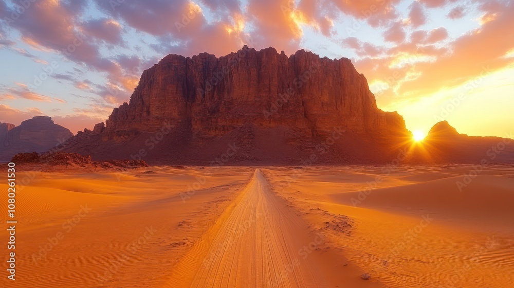 Fototapeta premium Sunset over a desert landscape with a mountain backdrop.