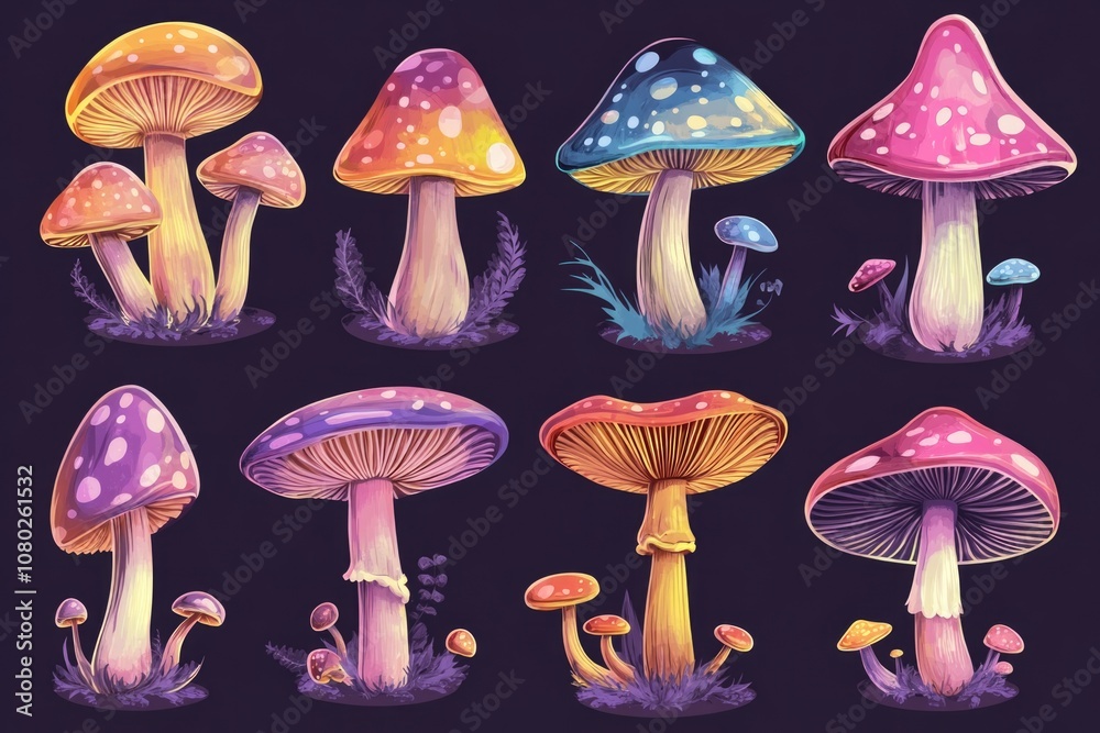 Close-up image of variously colored mushrooms on a dark, matte surface Close-up image of variously colored mushrooms on a dark, matte surface