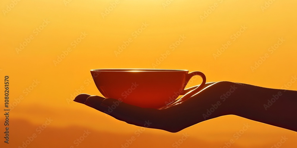 A hand holding a cup with a sun in the background A hand holding a cup with a sun in the background