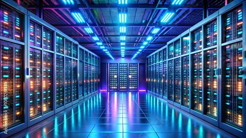 A visual of a Monday morning server room, glowing with neon lights, security panels, and encrypted data codes