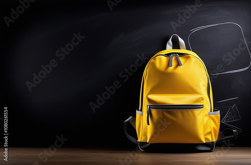 Yellow school backpack on the wooden desk against a black chalkboard background. Education, back to school concept