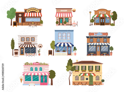 Set of various flat urban building icons. Isolated municipal buildings, cafe, coffee shop, fish, Italian, pizza restaurant, ice cream shop, bakery on a white background. Vector illustrations. Clip art