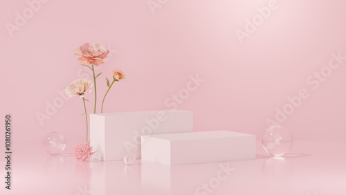 Background featuring an empty product display mockup with a pink backdrop and abstract geometric platforms designed for showcasing merchandise in landscape orientation.