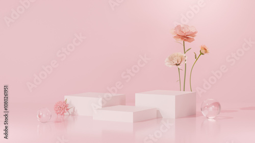 Background featuring an empty product display mockup with a pink backdrop and abstract geometric platforms designed for showcasing merchandise in landscape orientation.