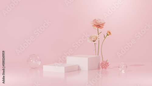 Background featuring an empty product display mockup with a pink backdrop and abstract geometric platforms designed for showcasing merchandise in landscape orientation. photo